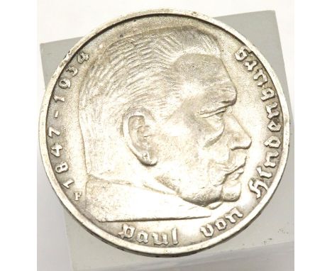 1935 - Nazi Silver 5 Reichsmark with Swastika / Roman Eagle - Depiction of Hindenburg Obverse ; Minted in Stuttgart "F". P&am