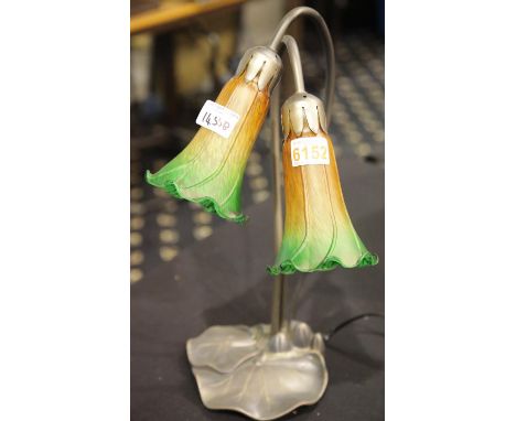 Double lily Tiffany style lamp, H: 43 cm. Not available for in-house P&amp;P. Condition Report: All electrical items in this 