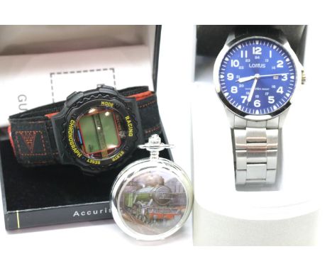 Boxed Lorus gents wristwatch, a boxed Accurist Racing chronograph wristwatch both with papers and an Atlas steam train pocket