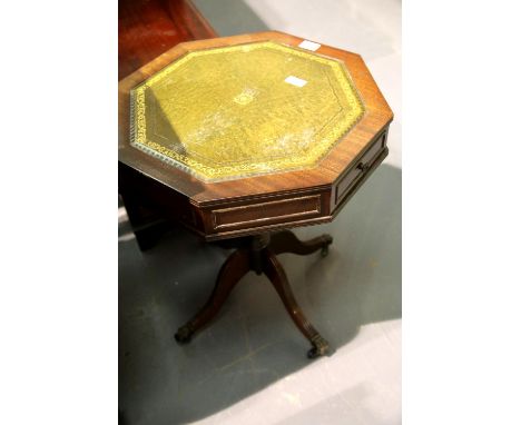 Octagonal mahogany lamp table set with two drawers and tooled leather insert, H: 60 cm. Not available for in-house P&amp;P. 