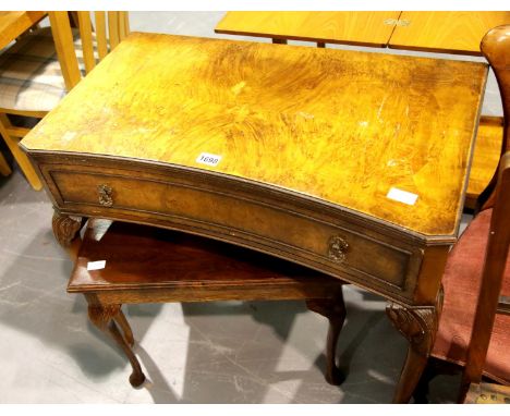 1930s walnut single drawer console table with inverted bow front, W: 78 cm and a modern oak coffee table. Not available for i