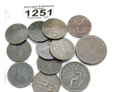 Twelve Georgian copper coins including cartwheel penny. P&amp;P Group 1 (£14+VAT for the first lot and £1+VAT for subsequent 