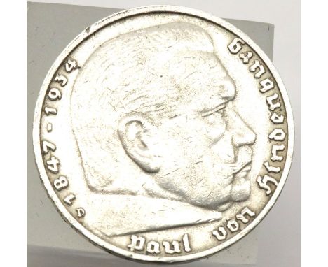 1938 - Nazi Silver 5 Reichsmark with Swastika / Roman Eagle - Depiction of Hindenburg Obverse ; Minted in Munich "D". P&amp;P