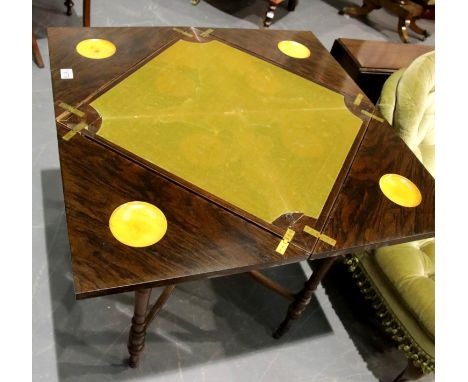 Edwardian inlaid rosewood envelope fold card table with recessed cups and original green baize, 78 x 78 cm open. Not availabl