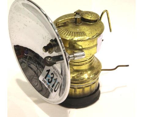 Antique brass bicycle lamp with chrome reflector carbide powered with flight ignition. P&amp;P Group 2 (£18+VAT for the first