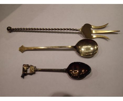 Two hallmarked silver spoons and a silver pickle fork. 49g.  P&amp;P Group 1 (£14+VAT for the first lot and £1+VAT for subseq