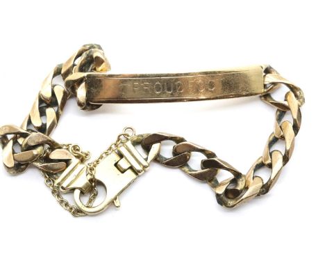 9ct gold engraved identity bracelet, 28.8g. P&amp;P Group 1 (£14+VAT for the first lot and £1+VAT for subsequent lots) 