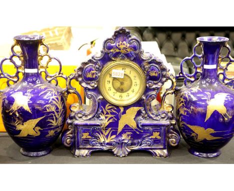 Victorian ceramic clock garniture with French movement. Not available for in-house P&amp;P. 