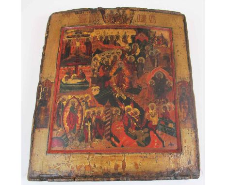 18TH CENTURY RUSSIAN ICON, figurative scenes, Resurrection and Hell, painted on wooden panel, 31cm H x 27.5 W.