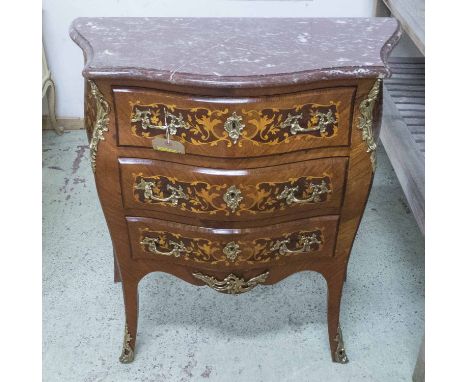 BOMBE COMMODE, late 19th/early 20th century French with marble top over three drawers with inlaid marquetry detail and brass 