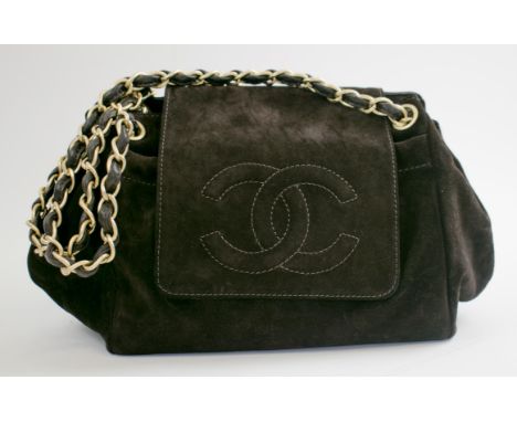 CHANEL ACCORDION FLAP BAG, brown suede with intertwined CC logo on the flap, snap closure, monogram fabric lining and leather