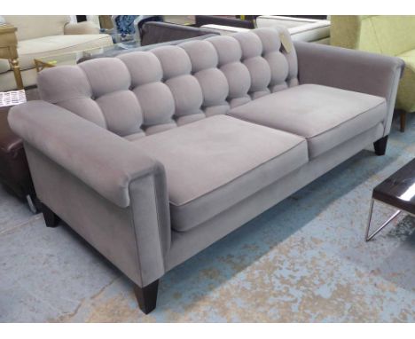 SOFA, two seater, in button back grey velvet cotton fabric, on square supports, 208cm L.