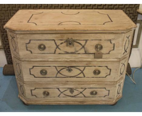 TUSCAN COMMODE, 18th century, North Italian, grey painted with three drawers, canted corners and bun supports, 115cm W x 60cm