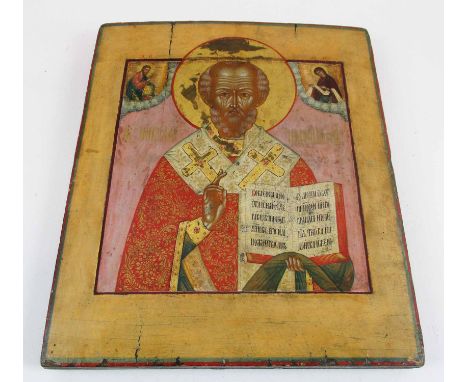 19TH CENTURY RUSSIAN ICON, St. Nicholas, painted on wooden panel, 33cm H x 27.5cm.