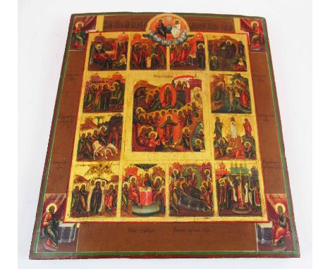 19TH CENTURY RUSSIAN ICON, Resurrection flanked by vignettes from The Life of Christ, painted on a wooden panel, 30.5cm H x 2