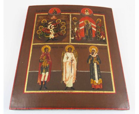 19TH CENTURY RUSSIAN ICON, saintly figurative scenes, painted on wooden panel, 35.5cm H x 31.5cm.