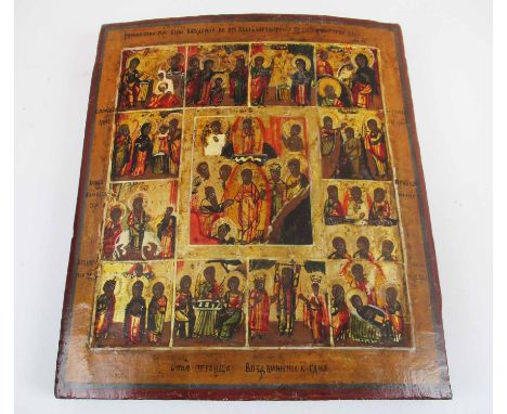 19TH CENTURY RUSSIAN ICON, the resurrection with twelve peripheral vignettes portraying scenes from the life of Christ, paint