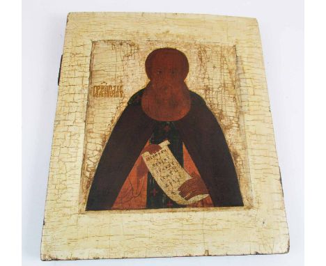 RUSSIAN ICON, late 18th/early 19th century, saintly figure (possibly St Sergius), painted on wooden panel, 31.5cm H x 26.5cm 