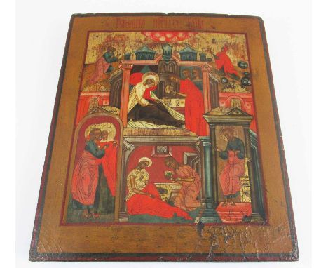 19TH CENTURY RUSSIAN ICON, scenes from the birth of Christ, painted on wooden panel, 31.5cm H x 26.5cm.