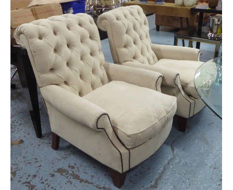 ARMCHAIRS, a pair, in cream faux suede, button back with studded arms on square supports, 83cm W. (2)