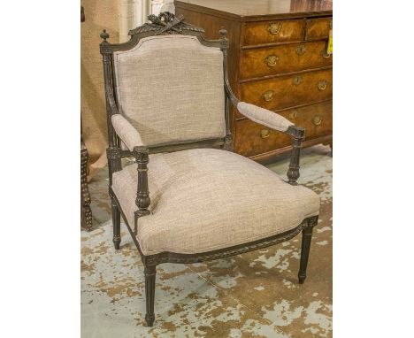 FAUTEUILS, a pair, 19th century French, Louis XVI style, ebonised with light grey upholstery, 62cm. (2) 