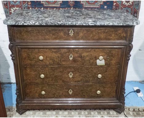 HALL COMMODE, 19th century French Napoleon III burr walnut with four long drawers and St Annes grey marble top, 92cm H x 107c