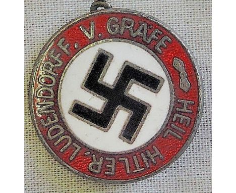 German WWII style Party badge "Heil Hitler, Ludendorff, V. Grafe", enamelled, maker marked: 'RZM' M 1/4 Ges Gesch. GVF, A/F