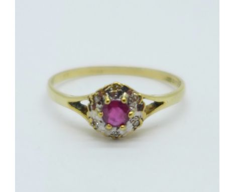 A 9ct gold, ruby and diamond cluster ring, 1.3g, R 