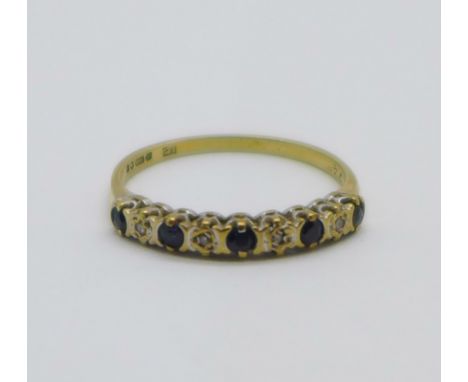 A 9ct gold, blue and white stone ring, 1.2g, M 