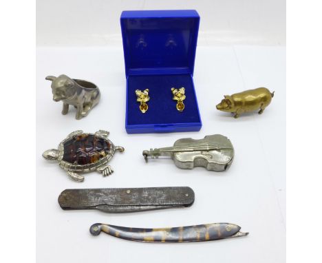 A novelty double bass vesta, a pig pin cushion, a/f, cat earrings, a pocket knife with ruler handle, a novelty turtle vesta, 