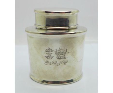 A silver caddy, Mappin &amp; Webb, Birmingham 1912, with Douglas clan crest, 79g, (a/f, dented) 