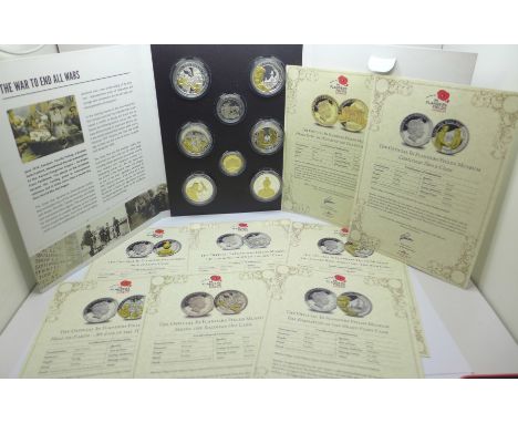 Coins;-"The Official in Flanders Fields Museum", 'We Will Remember Them' 8 coin collection, 6 coins layered in silver and acc