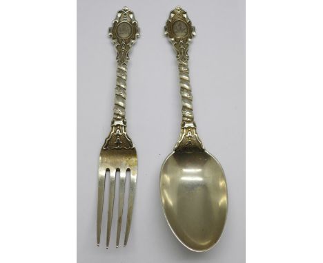 A Victorian silver fork and spoon, London 1849, Francis Higgins II, 112g, fork 16.5cm 