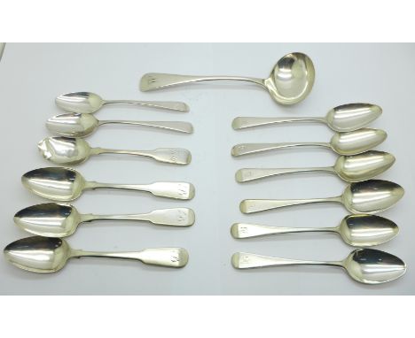 Twelve 19th Century silver spoons and a plated ladle, (silver 213g) 