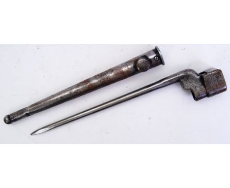 An original pigsticker / short spike bayonet ' No.4 MkII ' for rifle. 16cm in length, with metal ball ended scabbard.&nbsp;PO