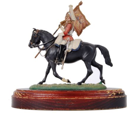 A rare Charles Stadden Buckingham Pewter made metal figure of a mounted standard bearer soldier on horseback. Highly detailed