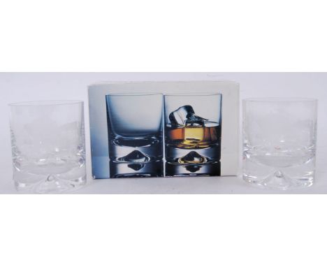 Four Dartington heavy crystal glass 'Dimple' whisky tumblers, all engraved with a ship and &lsquo;Appledore Shipbuilders 1986