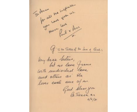 TERESA MOTHER: (1910-1997) Albanian Roman Catholic Nun, Nobel Peace Prize winner, 1979. Book signed and inscribed, a hardback