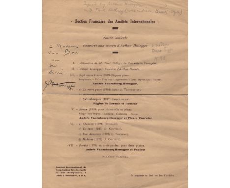  HONEGGER ARTHUR: (1892-1955) Swiss Composer. A signed and inscribed printed programme for the French Section of Internationa