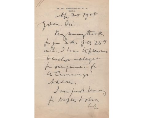 ELGAR EDWARD: (1857-1934) English Composer. A.L.S., Edward Elgar, three pages, 8vo, Rome, 30th April 1908, to Dr. John E. Bor