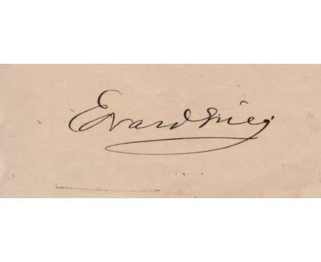 GRIEG EDVARD: (1843-1907) Norwegian Composer. Dark fountain pen ink signature ('Edvard Grieg') on an oblong 12mo piece. One v