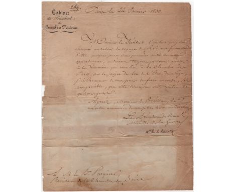 SOULT NICOLAS JEAN DE DIEU: (1769-1851) Marshal of France. L.S., Mal. duc de Dalmatie, one page, 4to, Paris, 22nd January 183