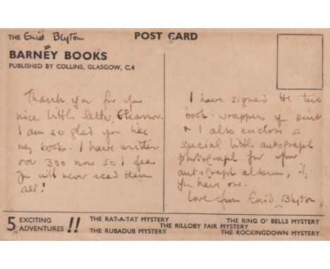  BLYTON ENID: (1897-1968) English Children's Writer. A.L.S., Enid Blyton, to the verso of a colour picture postcard, the imag