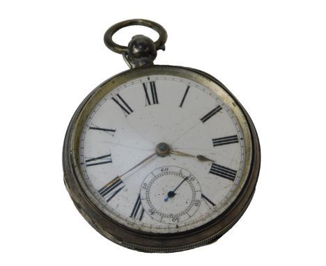 A Victorian silver pocket watch, with white enamel Roman numeric dial, silvered hands and seconds dial, the case with vacant 