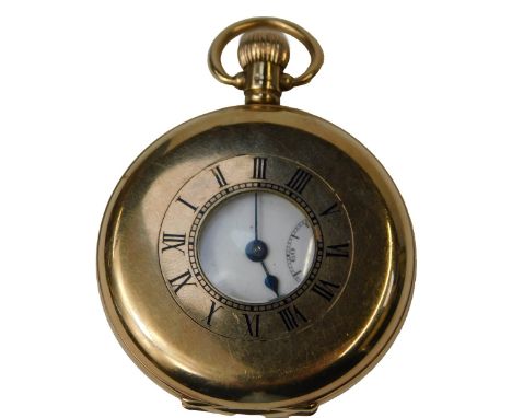A 9ct gold half hunter pocket watch, with white enamel Roman numeric dial, black hands and seconds dial, maker ALD, Birmingha