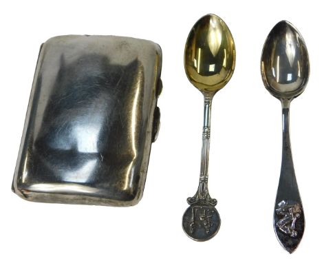 A George II silver cigarette case, of plain design, maker JD&amp;S, Sheffield 1917, and two sporting silver teaspoons, 3.12oz