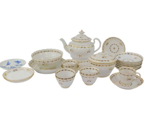 A late 18thC Barr Worcester part tea service, decorated with gilt and blue diamonds and flowers, incised marks, comprising te