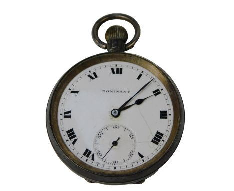 A Dominant silver pocket watch, with white enamel Roman numeric face, black hands and seconds dial, with an engine engraved c