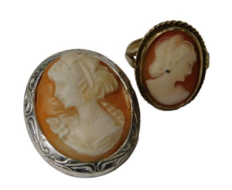 Two pieces of cameo jewellery, comprising an oval cameo brooch in white metal setting, stamped silver, 2cm x 2.5cm, and a 9ct