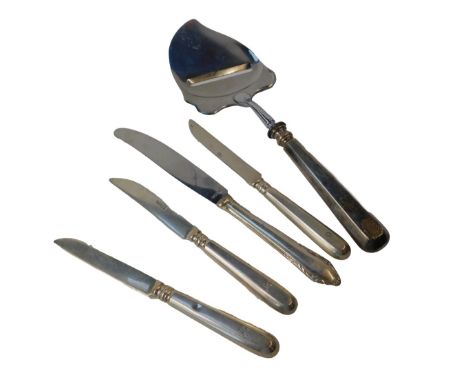 A group of silver handled flatware, comprising cheese slice, three Finnish silver butter knives, and another.